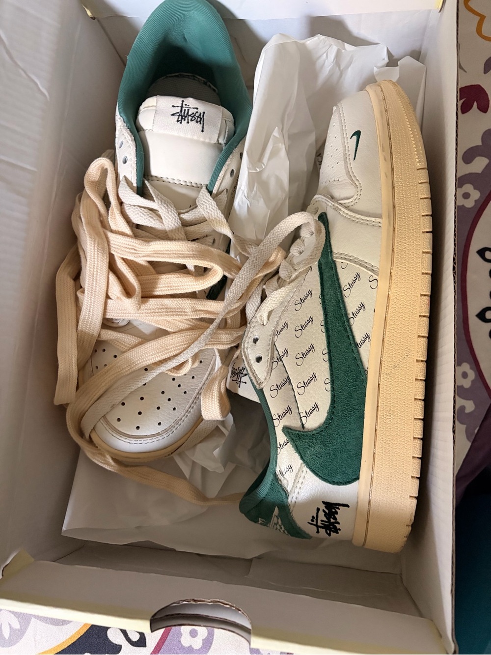 Stussy Jordan Low 1 Cream Sneakers with Teal Green Swoosh